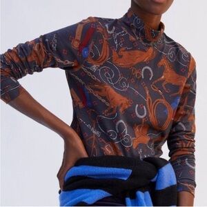 Anthropologie Equestrian Print Long Sleeve Mock Tuetleneck Top